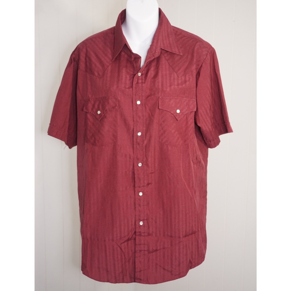 Plains Medium Burgundy Short Sleeve Western Snap Shirt Vintage Style